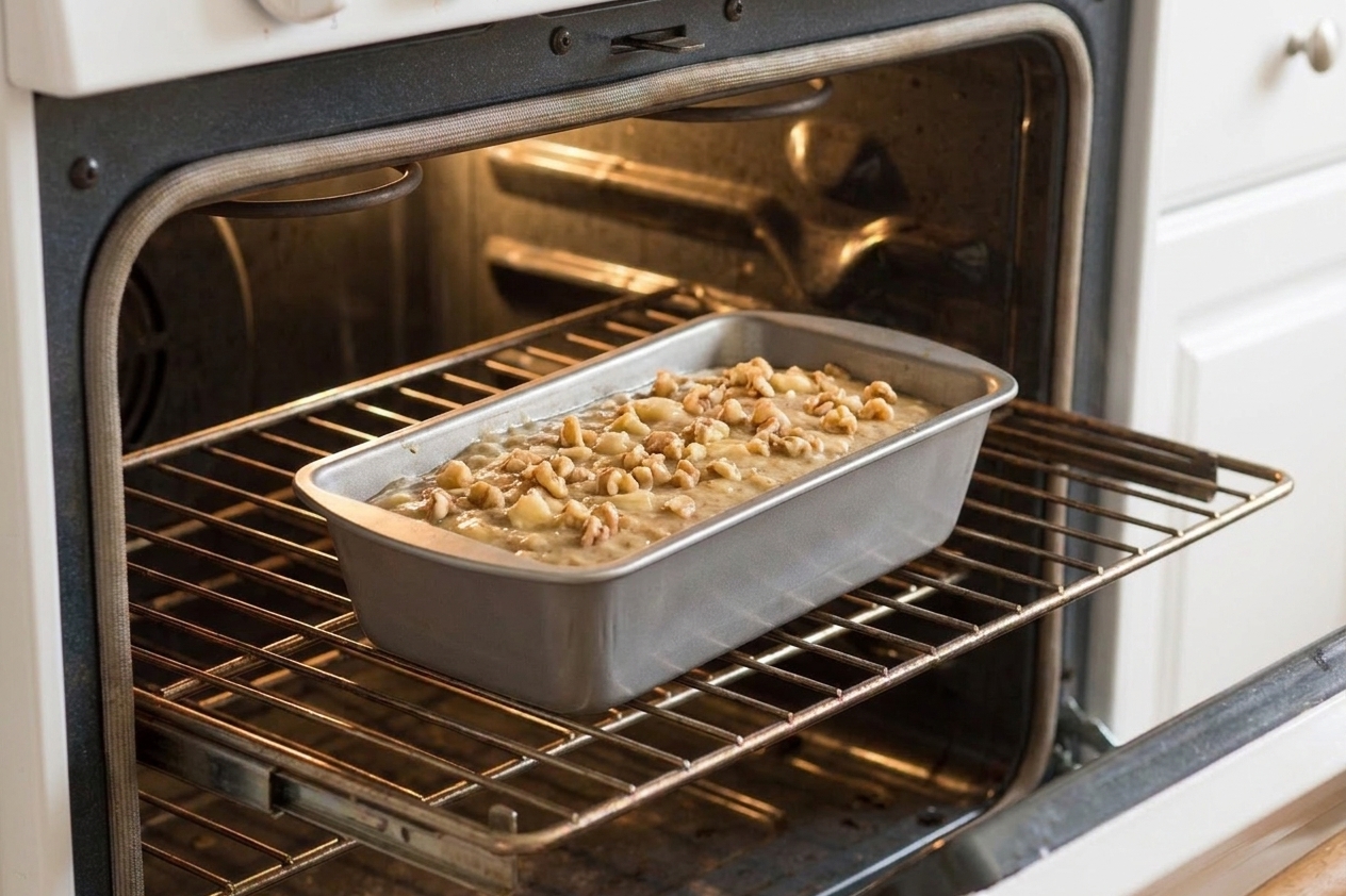 A loaf pan of banana nut batter baking on the center rack of an oven with the light on