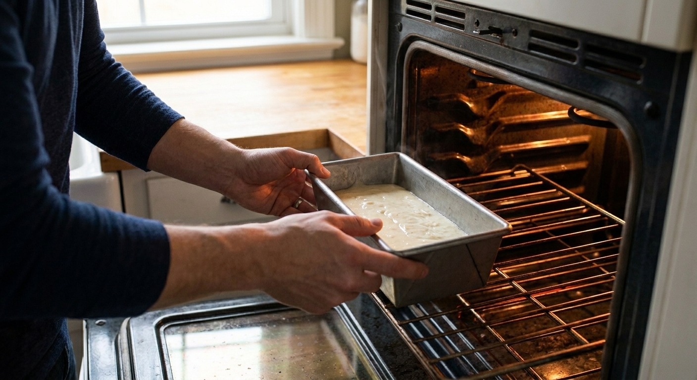 A loaf pan of batter being placed into a preheated oven on the middle rack, warm kitchen lighting