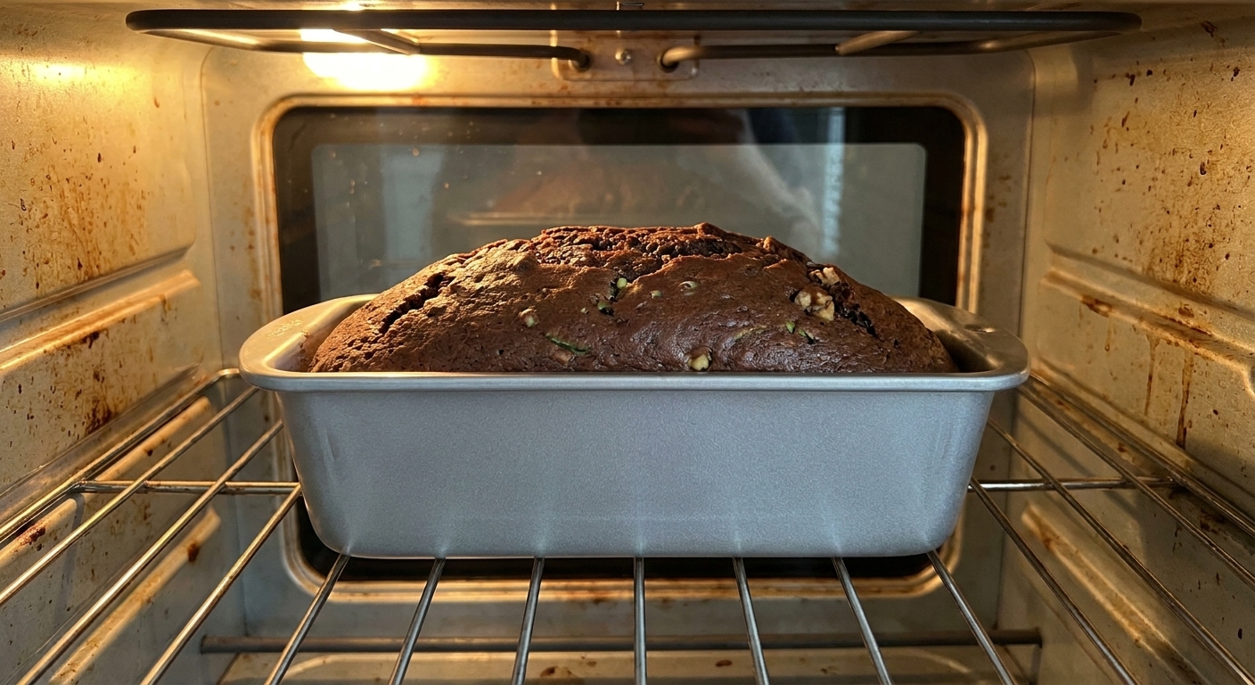 A loaf pan of chocolate zucchini bread baking on the center rack of a home oven with the oven light on.