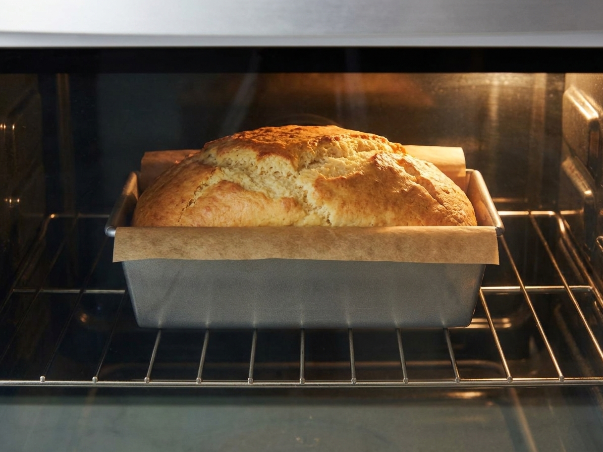 A loaf pan of cottage cheese bread baking on the middle oven rack with the top rising and turning golden