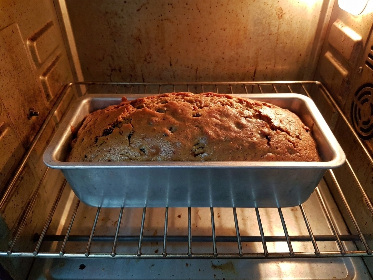 A loaf pan of fruitcake batter baking in the oven on the center rack, top domed and golden