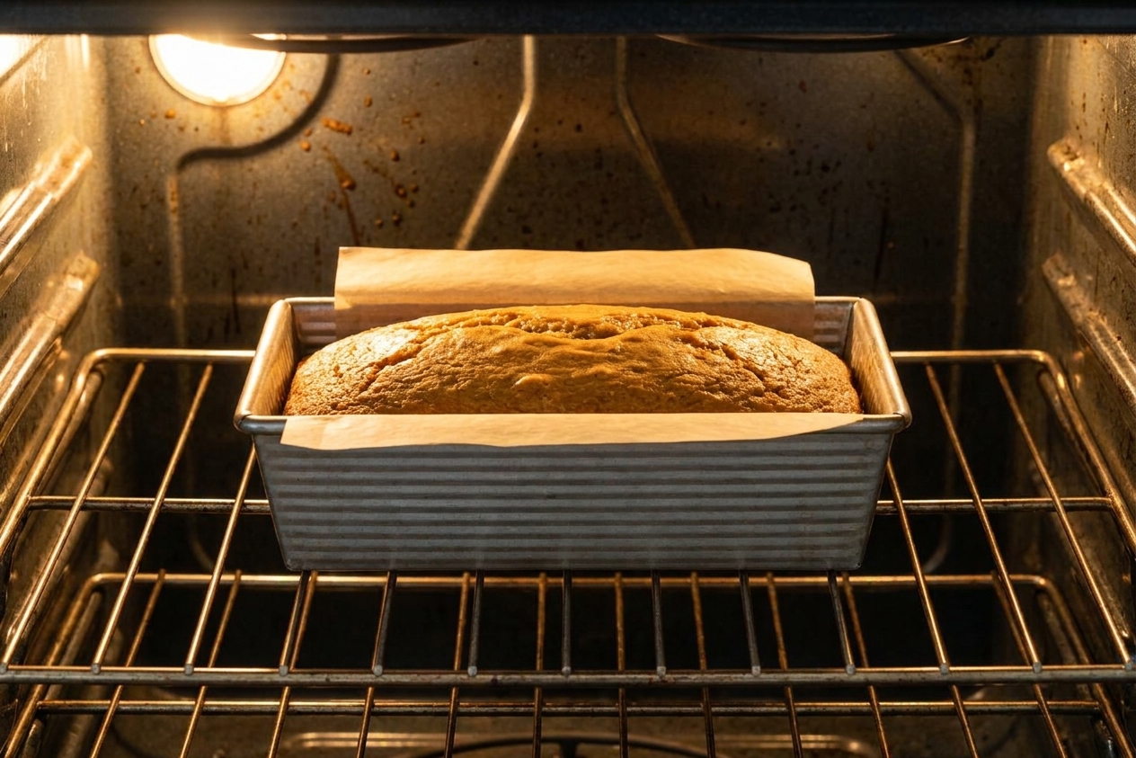 A loaf pan of honey cake baking on the middle rack of a home oven with the oven light on