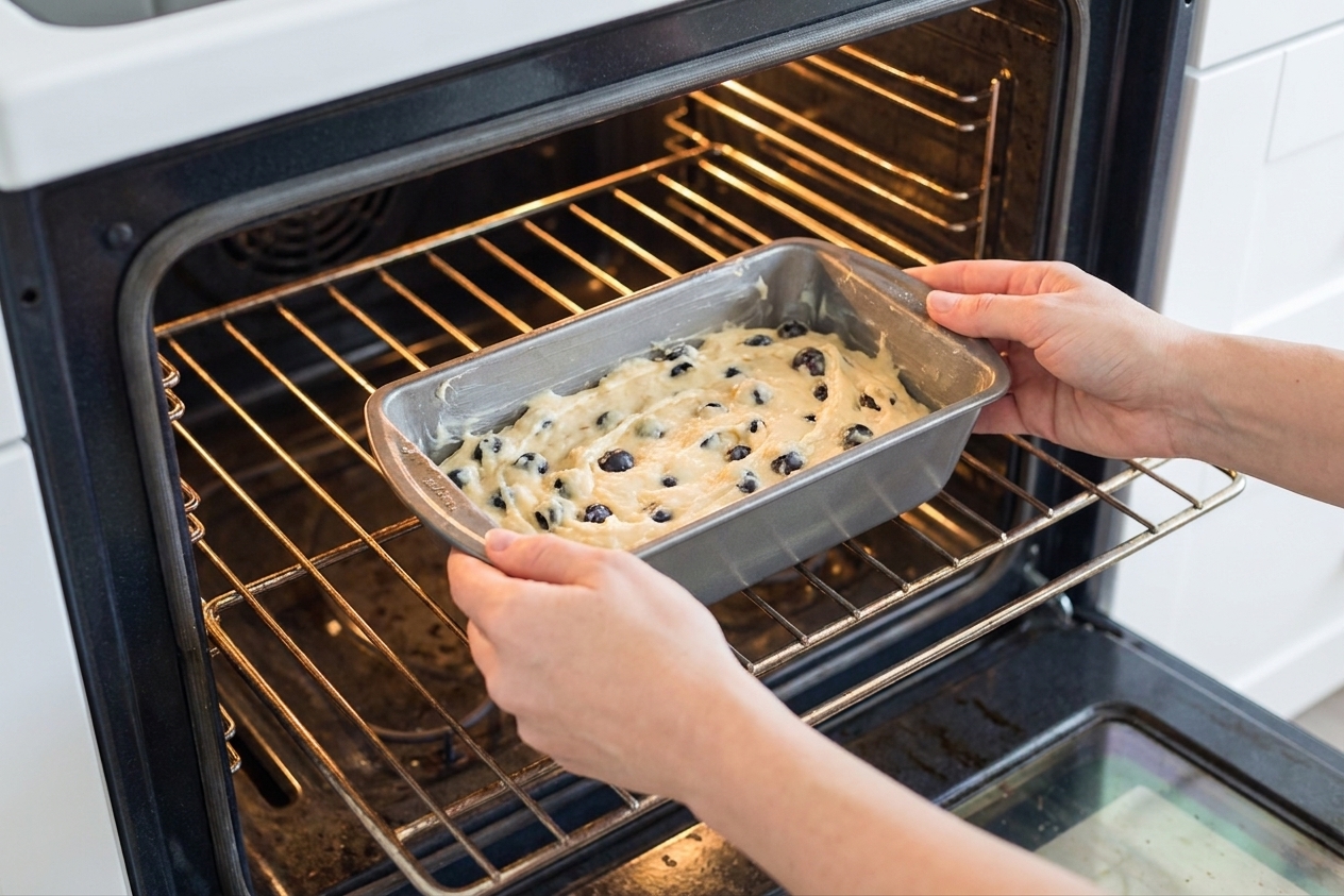A loaf pan of lemon blueberry bread batter being placed onto the center rack of a preheated oven