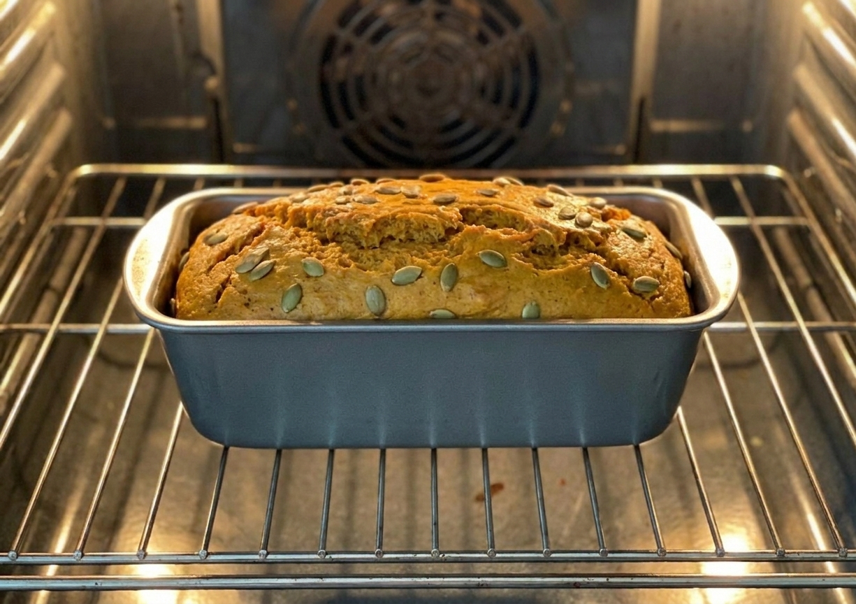 A loaf pan of pumpkin batter on an oven rack mid-bake with the oven light on, showing the loaf rising and beginning to crack on top