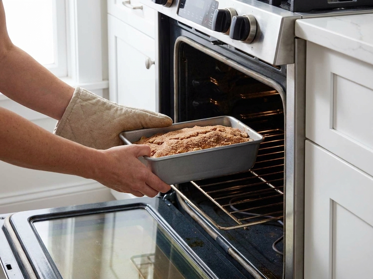 A loaf pan of rhubarb bread batter topped with cinnamon sugar being placed into a home oven