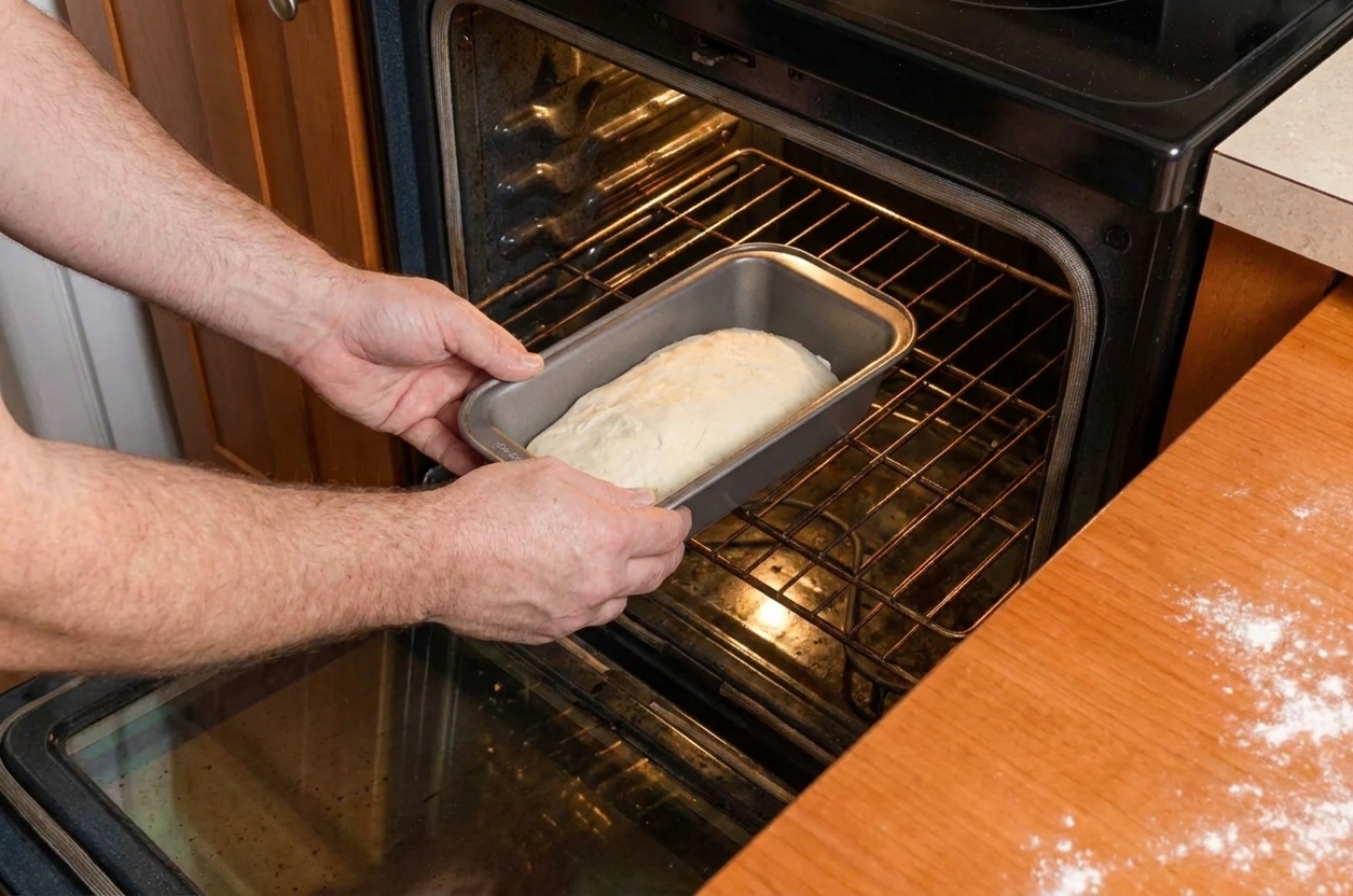A loaf pan of risen potato bread dough going into a home oven