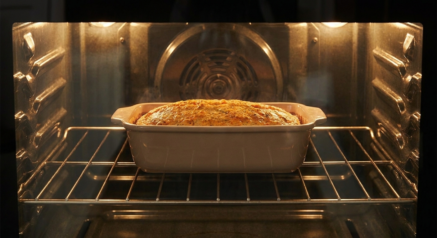 A loaf pan of salmon loaf baking on the middle rack of a home oven with the light on