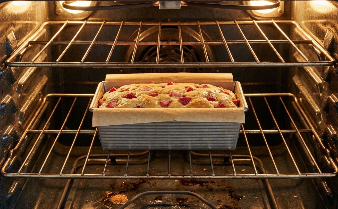 A loaf pan of strawberry bread batter baking on the middle rack of a home oven with the oven light on