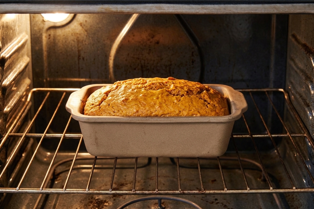 A loaf pan of sweet potato bread baking on the center rack of an oven with the light on