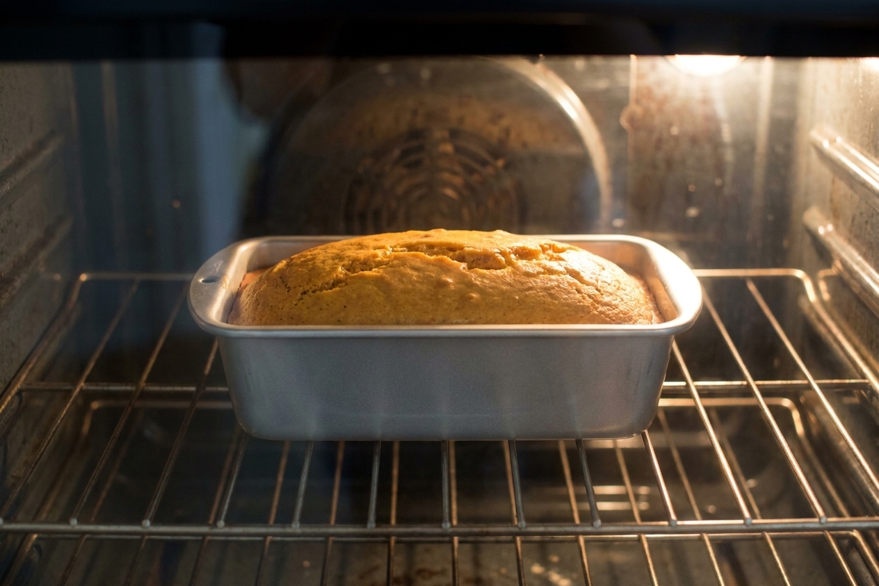 A loaf pan of sweet potato pound cake baking on the middle rack of an oven