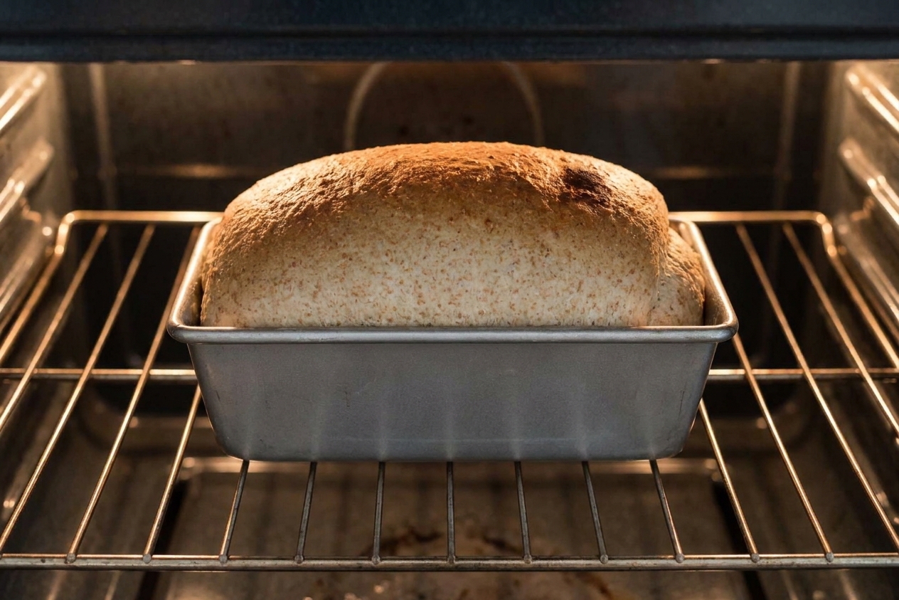 A loaf pan of whole wheat bread baking on the center oven rack with the loaf rising and browning