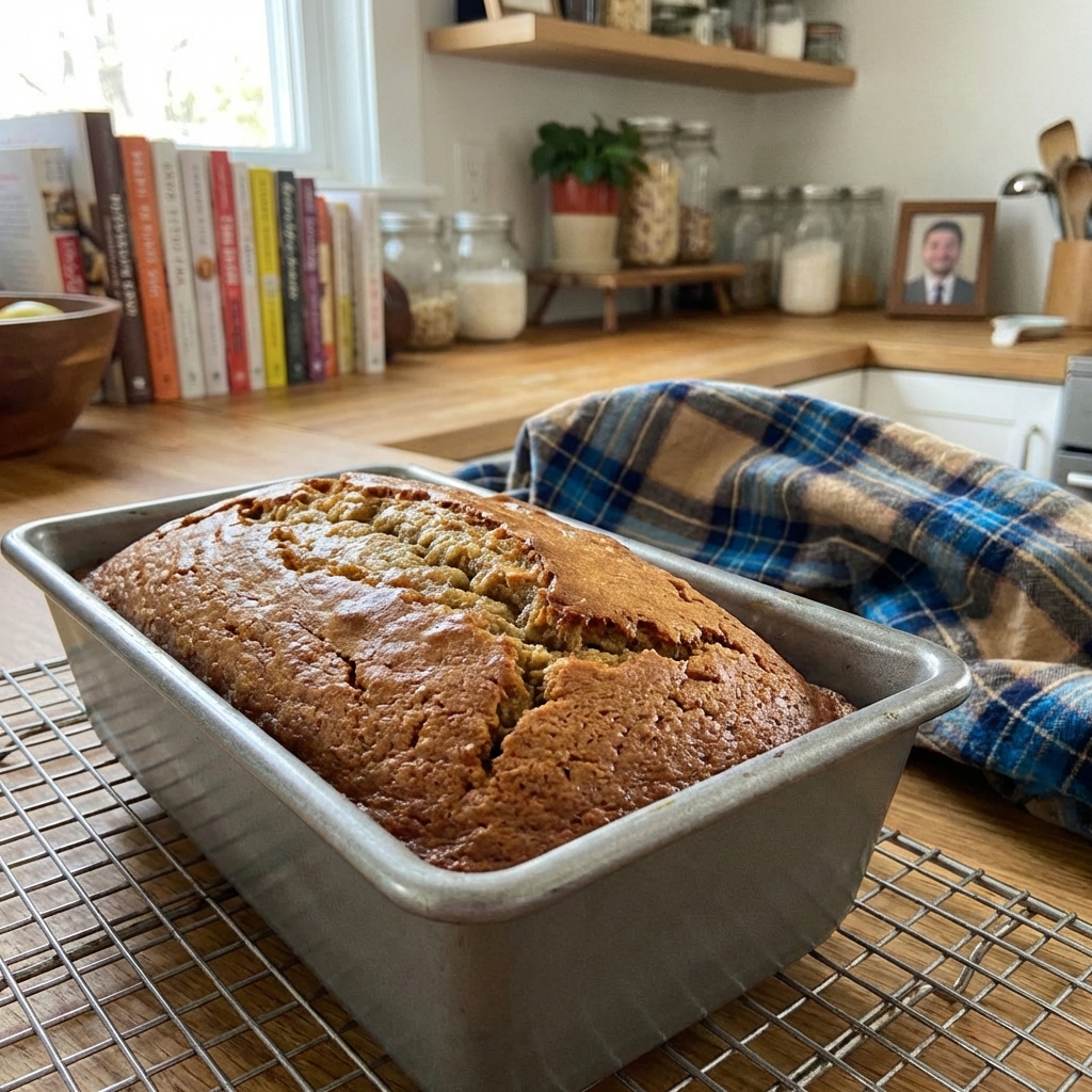 A loaf pan on a cooling rack with a freshly baked banana bread loaf resting inside the pan