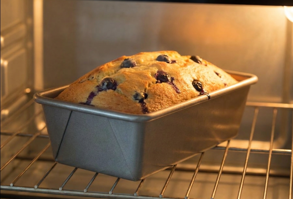 A loaf pan on an oven rack with a golden loaf rising, blueberries visible on the surface, warm oven light