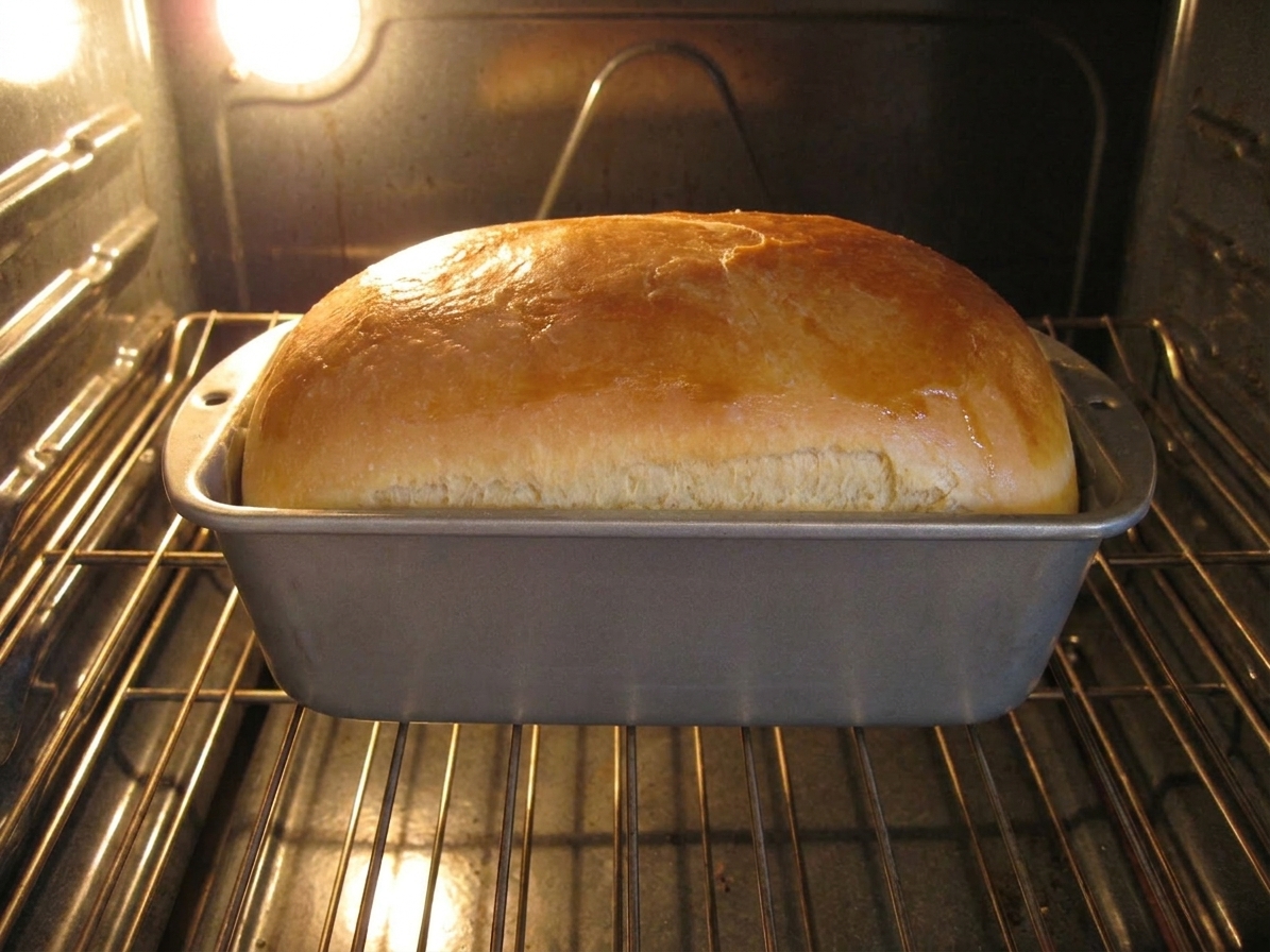 A loaf pan sitting on an oven rack with a risen loaf turning golden as it bakes