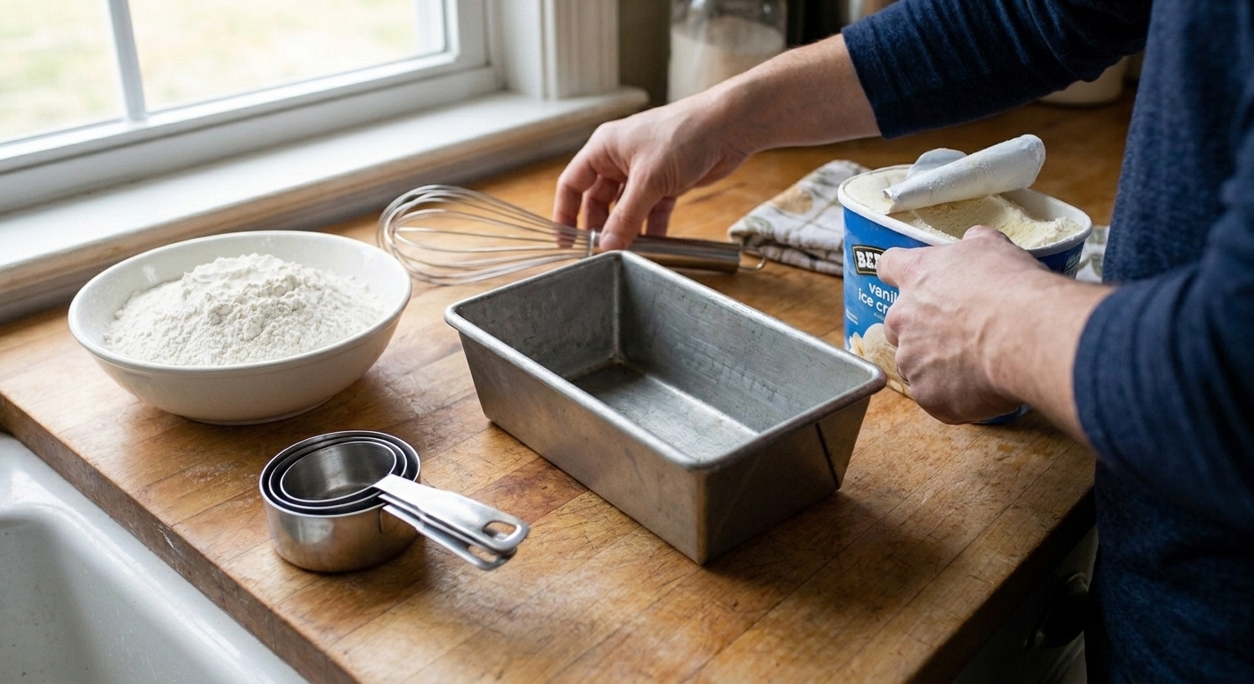 A loaf pan surrounded by a carton of ice cream, a bowl of self-rising flour, a whisk, and measuring cups on a clean kitchen counter in natural light