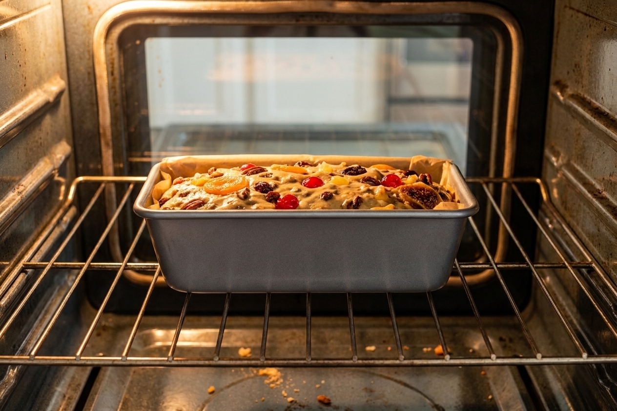 A loaf pan with fruitcake batter baking on the middle rack of a home oven