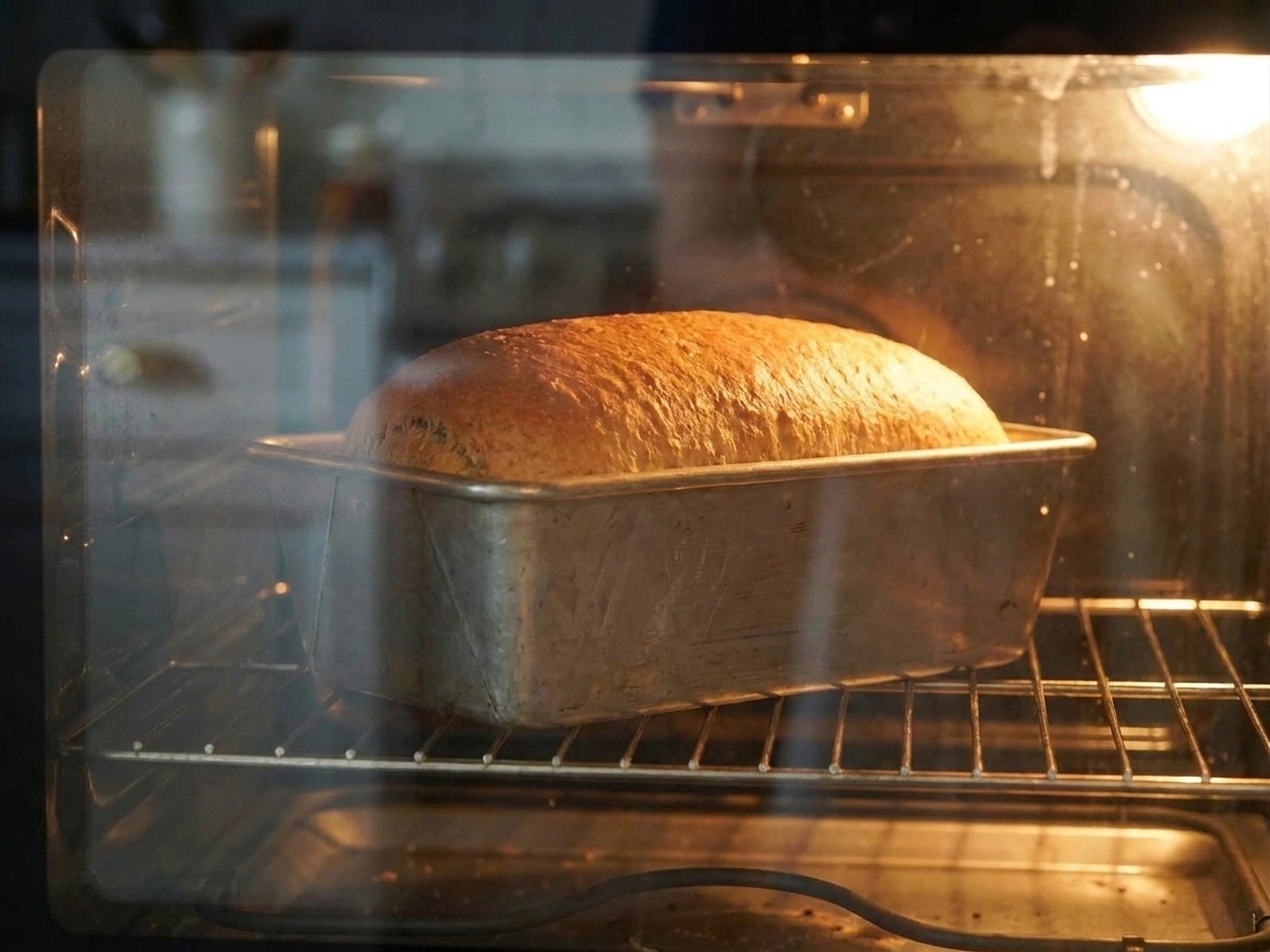 A loaf pan with honey wheat bread rising and browning in a home oven with the oven light on