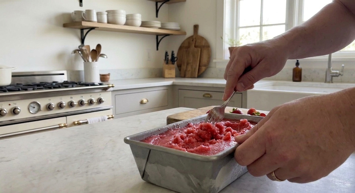 A loaf pan with partially frozen strawberry sorbet being stirred with a fork to break up ice crystals