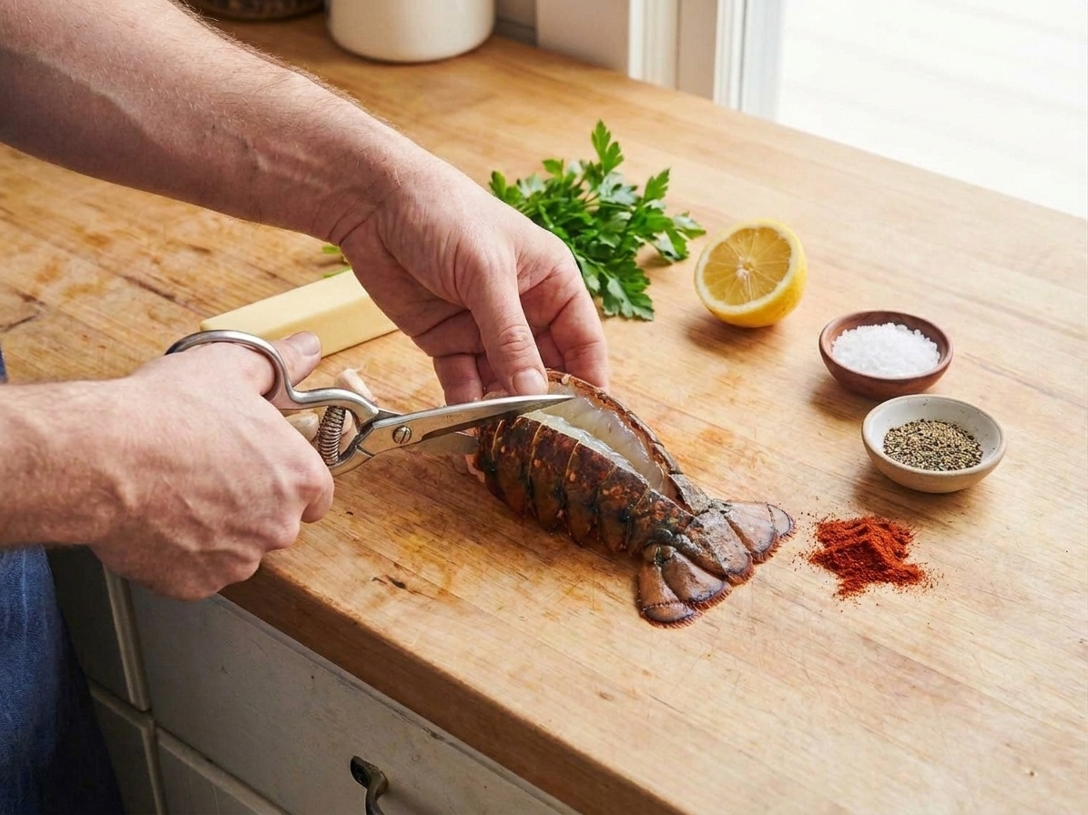 A lobster tail on a cutting board with the shell cut lengthwise using kitchen shears