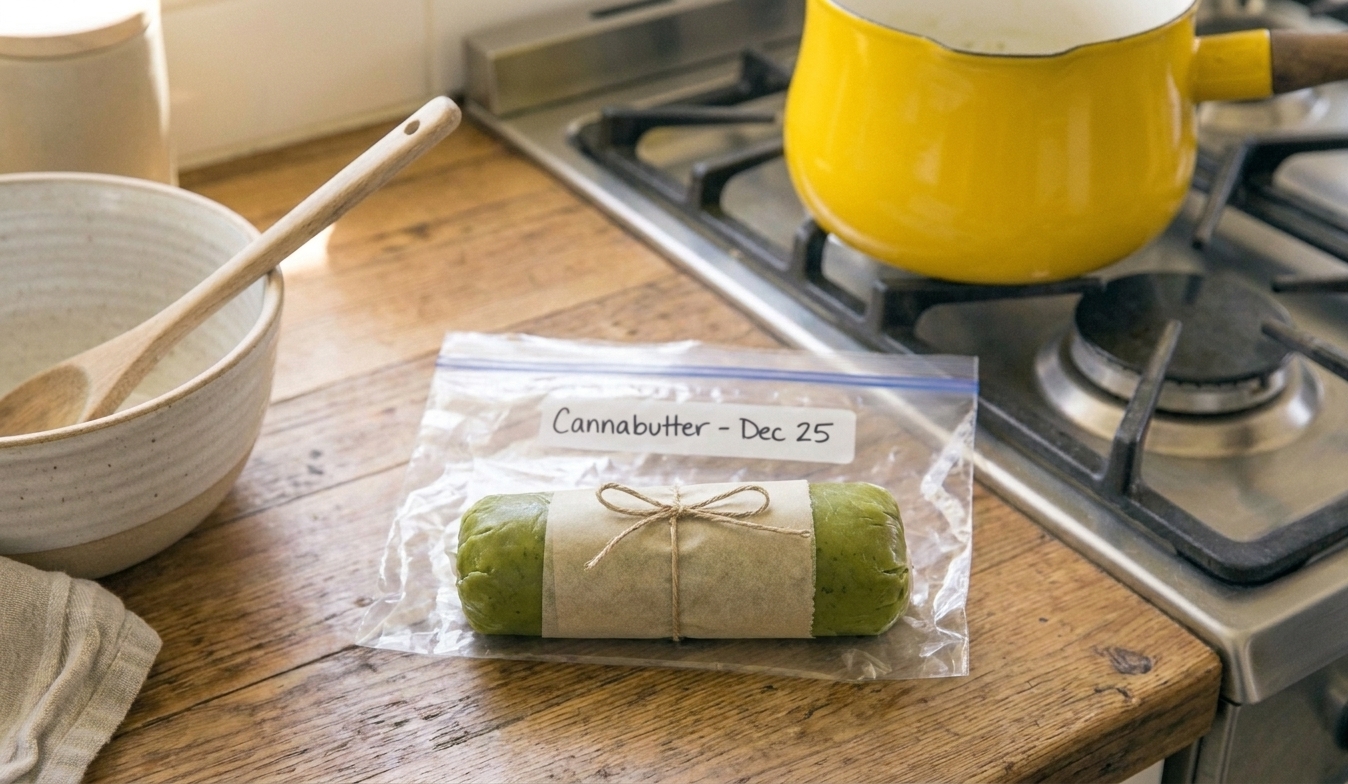 A log of cannabutter wrapped tightly in parchment paper and placed in a labeled freezer bag on a kitchen counter, soft daylight