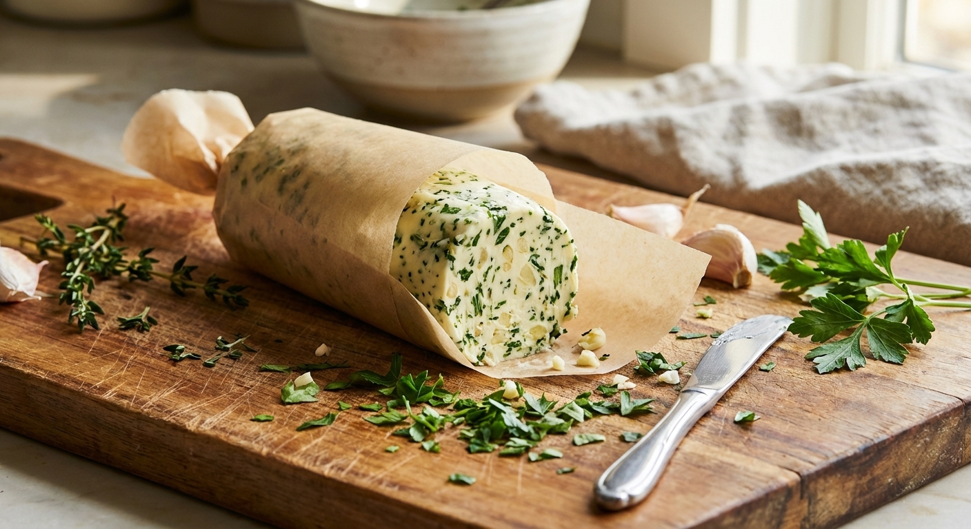 A log of garlic-herb compound butter on parchment paper on a wooden cutting board with chopped parsley and thyme nearby, realistic food photography