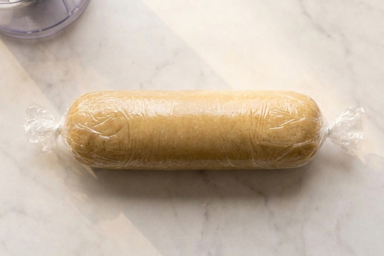 A log of homemade almond paste wrapped tightly in plastic wrap on a light stone countertop
