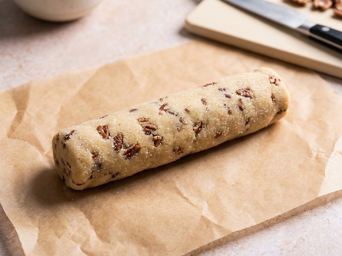 A log of pecan sandy cookie dough shaped on parchment paper and ready to chill
