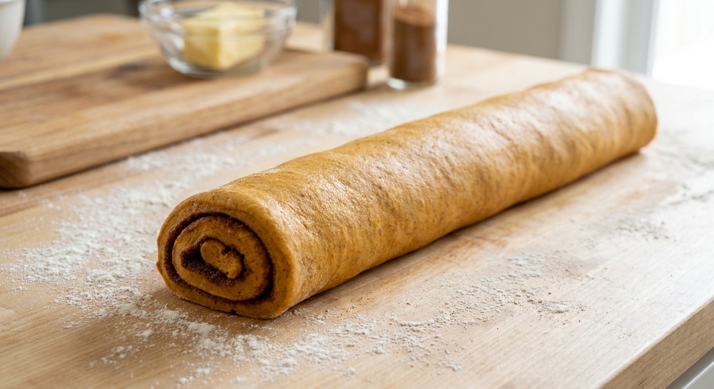 A log of pumpkin cinnamon roll dough rolled up tightly on a lightly floured counter with cinnamon sugar filling visible along the spiral