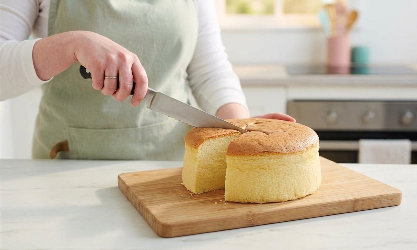 A long knife slicing chilled Japanese cheesecake on a cutting board, showing a clean, fluffy interior