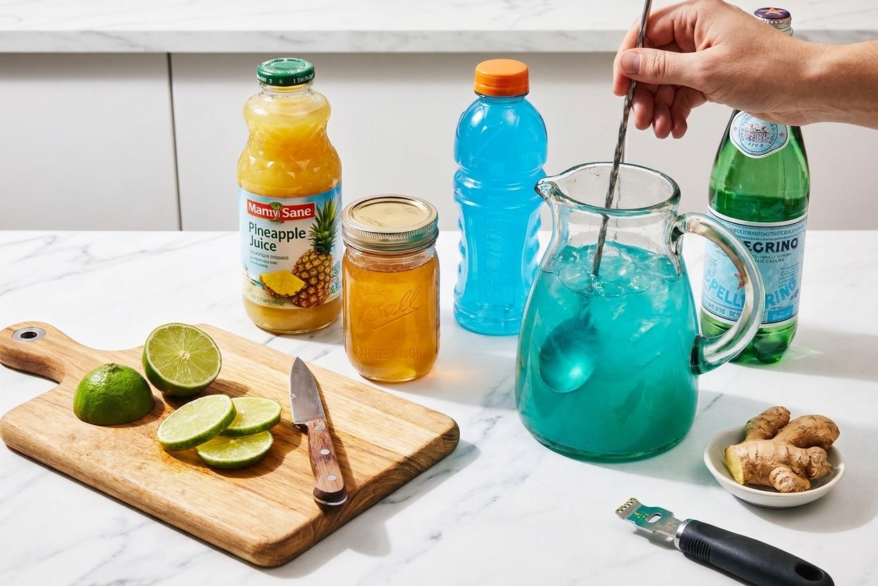A long spoon mixing a glass pitcher of bright blue punch on a kitchen counter