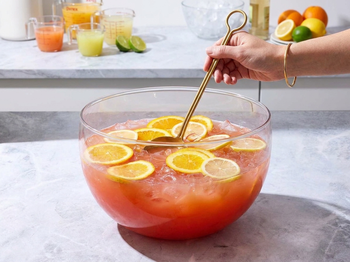A long spoon stirring a glass punch bowl filled with red fruit punch and citrus slices on a tidy kitchen counter