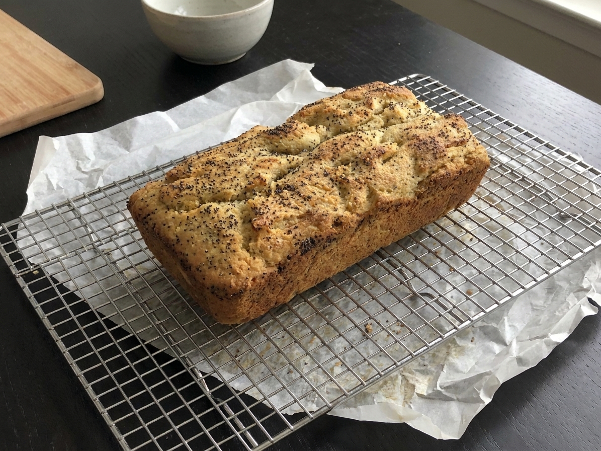 A low carb bread loaf cooling on a wire rack in a simple, warm kitchen setting