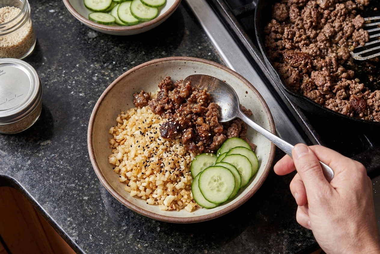 A low carb mince bowl being assembled by spooning glossy ground beef over cauliflower rice and adding sliced cucumber and sesame seeds on a kitchen counter