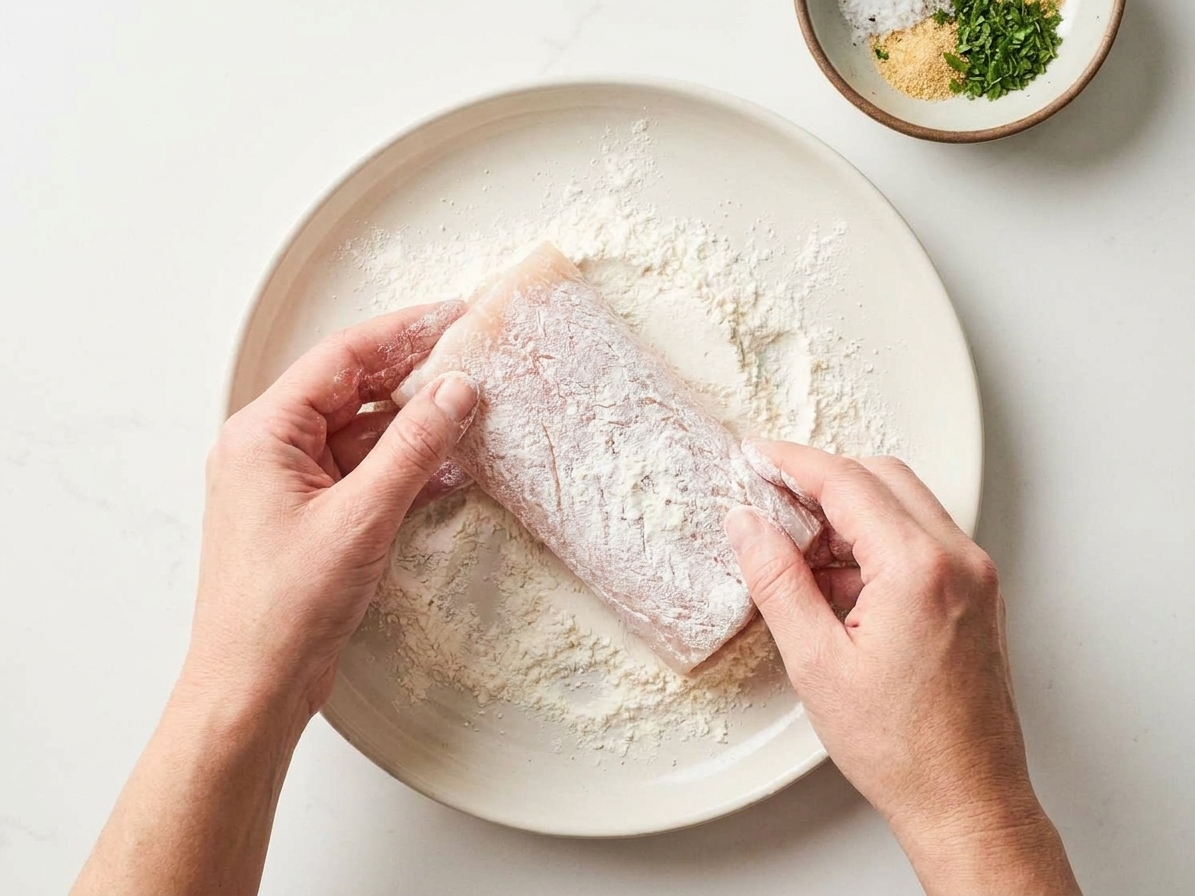 A mahi mahi fillet being lightly dredged in flour on a shallow plate on a kitchen counter