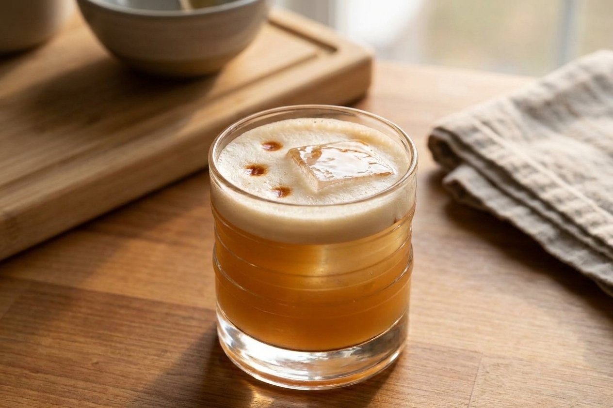 A maple whiskey sour in a rocks glass with a large clear ice cube, topped with a creamy foam and a few drops of bitters, sitting on a warm-toned kitchen counter with soft window light