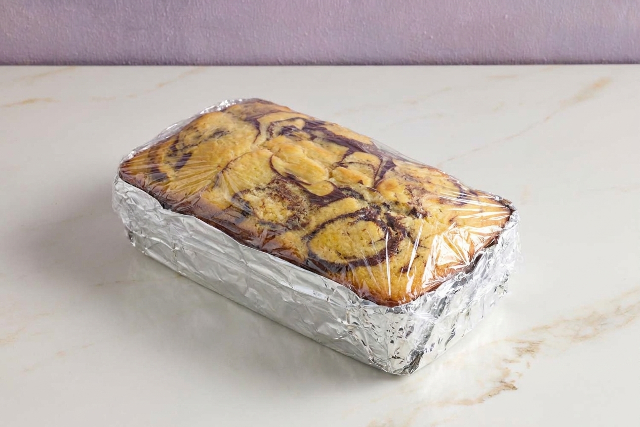 A marble loaf cake wrapped in plastic wrap and foil on a kitchen counter, ready for freezing