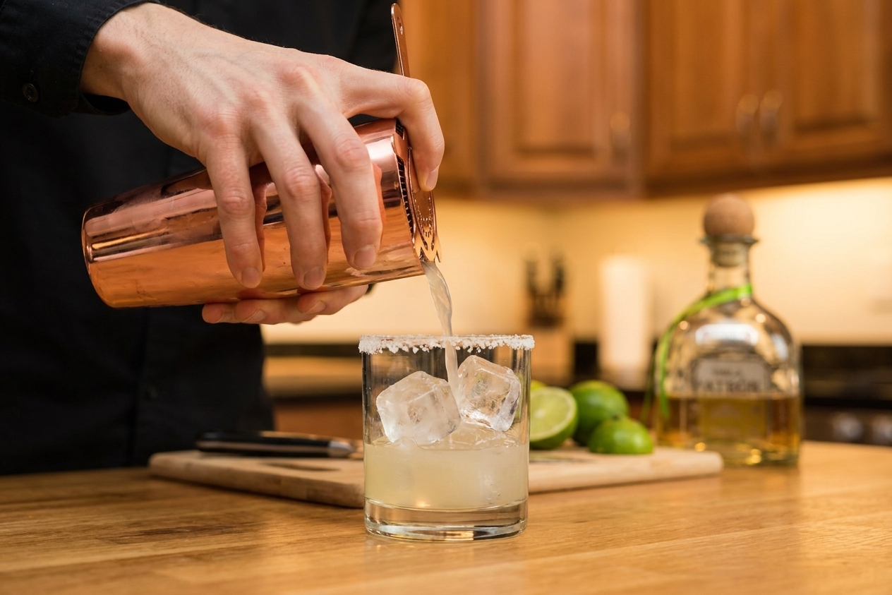 A margarita being strained from a cocktail shaker into a rocks glass filled with fresh ice on a home kitchen counter