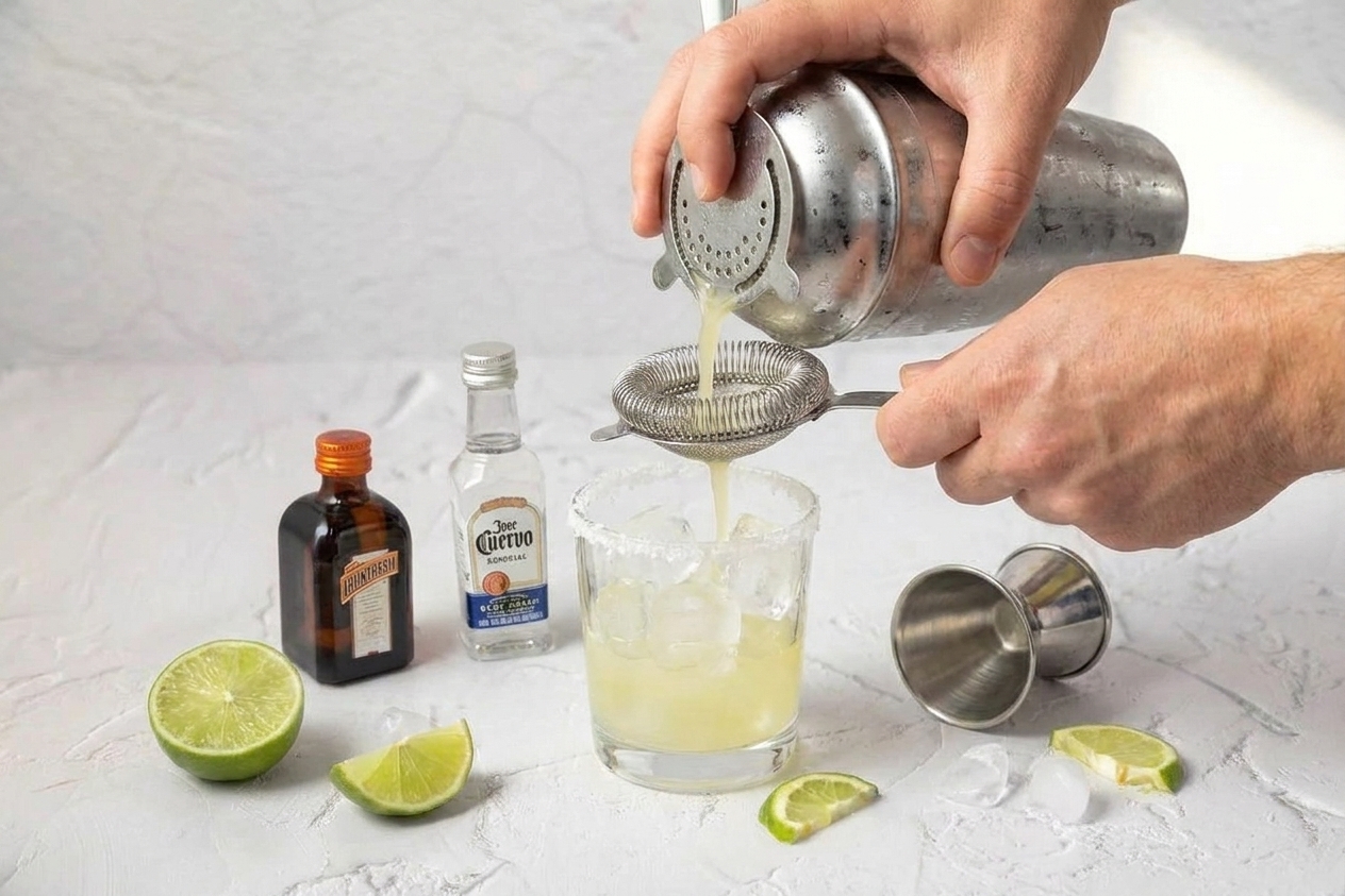 A margarita being strained from a cocktail shaker into a salted rocks glass filled with ice on a bright kitchen counter