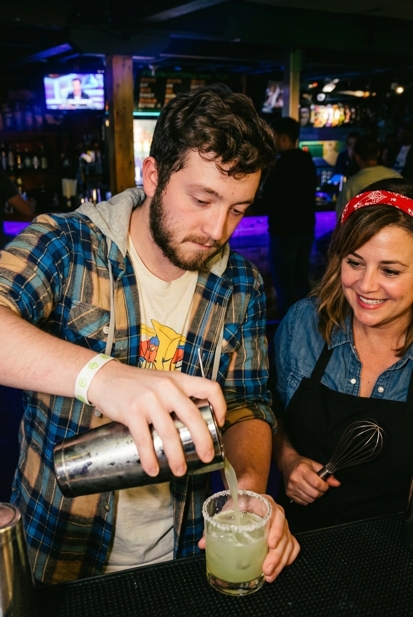 A margarita being strained from a metal cocktail shaker into a salt-rimmed rocks glass
