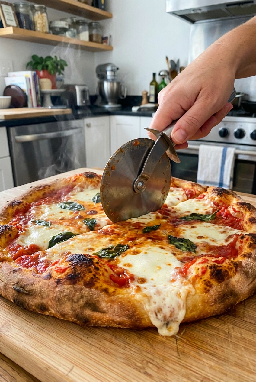 A margherita pizza being sliced with a pizza cutter, showing a crisp browned crust and melted mozzarella