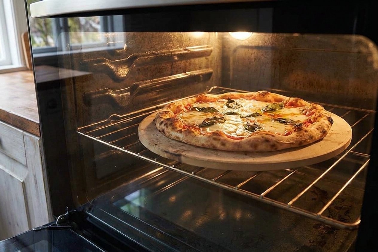 A margherita-style pizza baking on a hot pizza stone in a home oven with bubbling cheese and lightly blistered crust