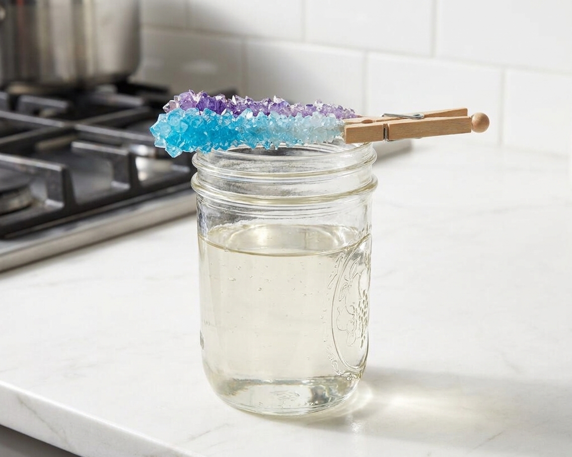 A mason jar filled with clear sugar syrup and a wooden skewer coated in sparkling rock candy crystals resting across the jar rim on a bright kitchen counter