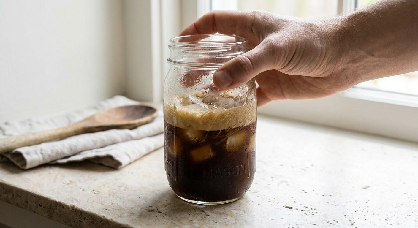 A mason jar filled with espresso and ice on a light stone kitchen counter, condensation forming as it is shaken