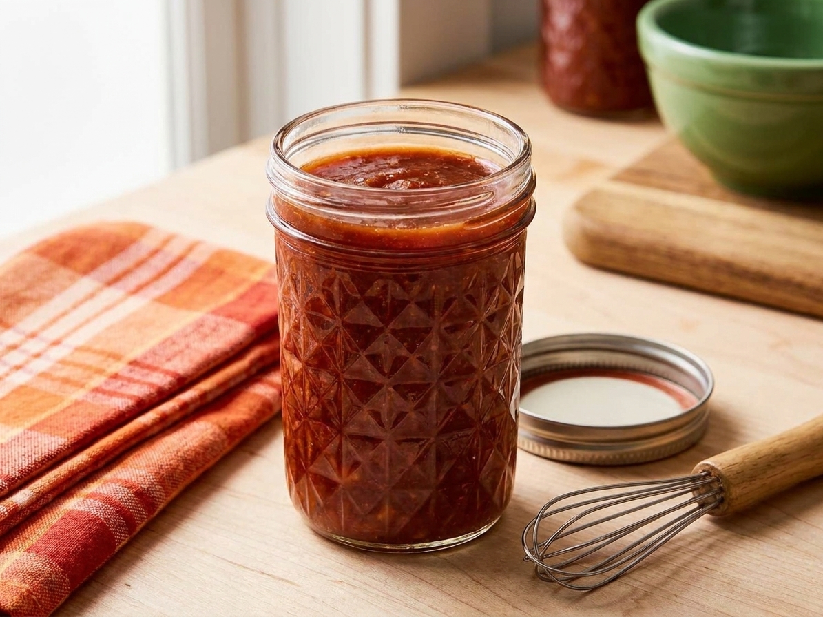 A mason jar filled with homemade barbecue sauce cooling on a kitchen counter next to a lid and a small whisk