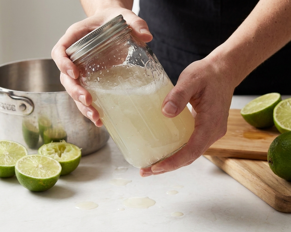 A mason jar filled with homemade margarita mix being shaken over a kitchen counter with citrus halves nearby