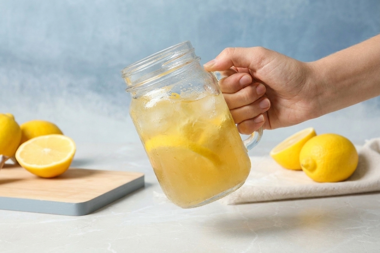 A mason jar filled with lemon drink being shaken by hand over a kitchen counter, with condensation forming on the glass