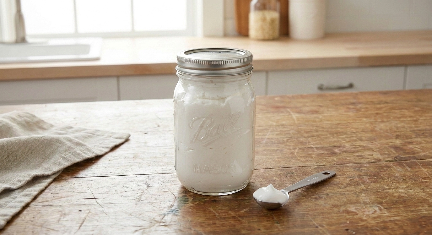 A mason jar filled with marshmallow fluff sealed with a lid on a kitchen counter next to a small spoon