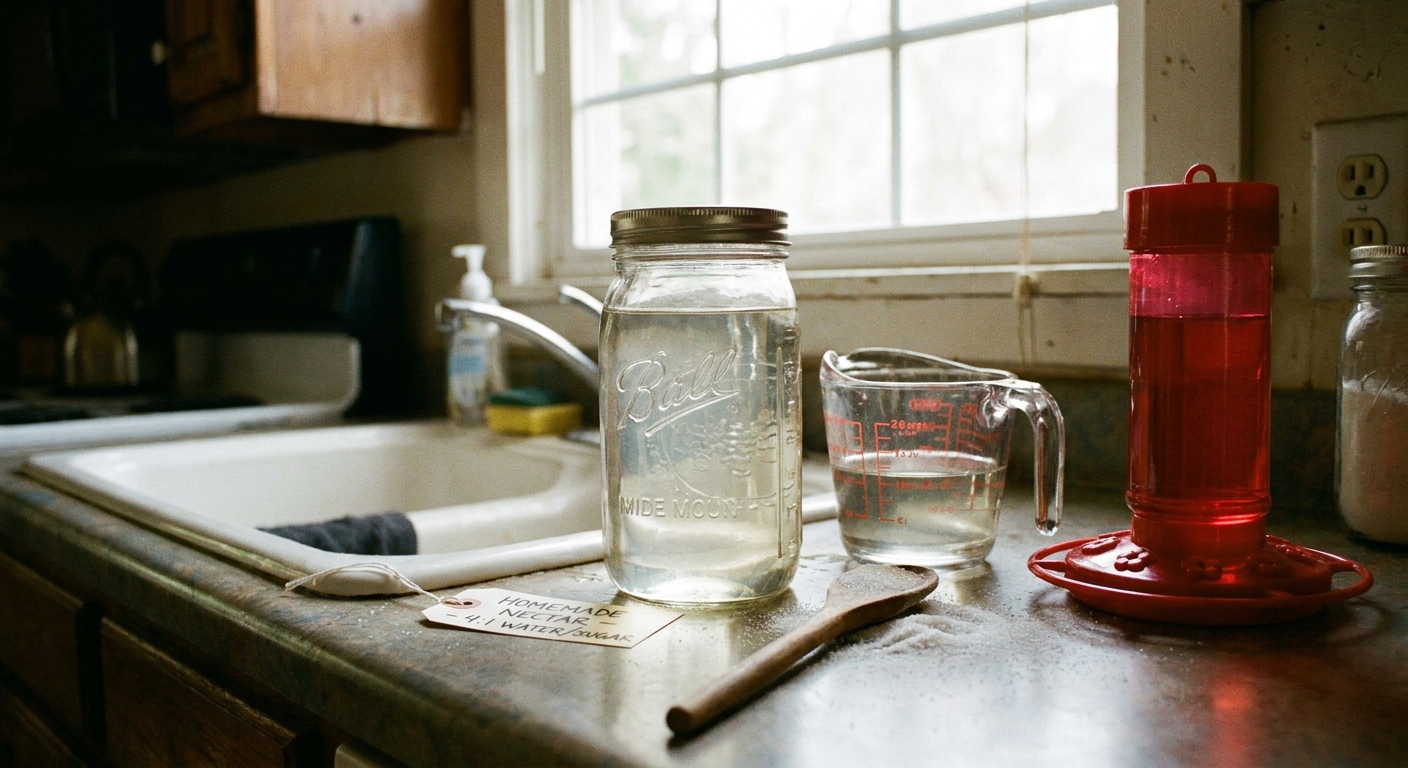 A mason jar of clear homemade hummingbird nectar on a kitchen counter next to a measuring cup and a hummingbird feeder, natural light photo