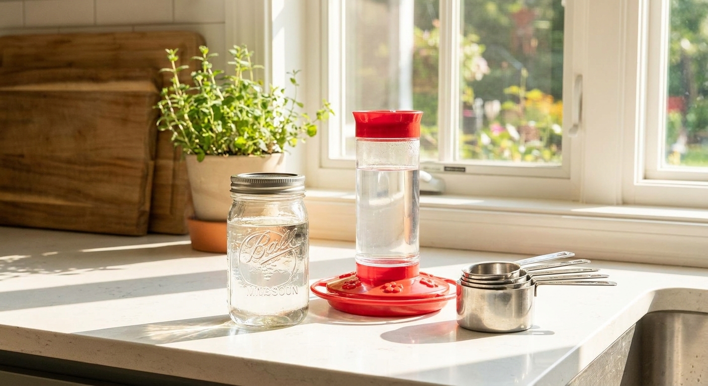 A mason jar of clear sugar water nectar next to a clean hummingbird feeder and measuring cups on a bright kitchen counter, real photography style