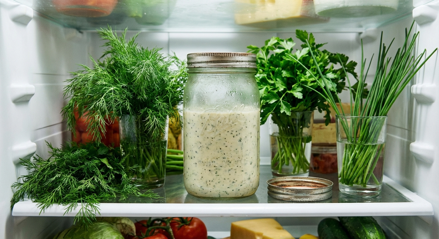A mason jar of homemade creamy dressing with a metal lid sitting on a refrigerator shelf next to fresh herbs, photorealistic kitchen food photography